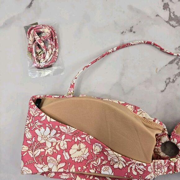 J Crew Swim Top 2X Pink Floral Bandeau Bikini Tie Back String Ring Halter BH555 - Picture 5 of 10